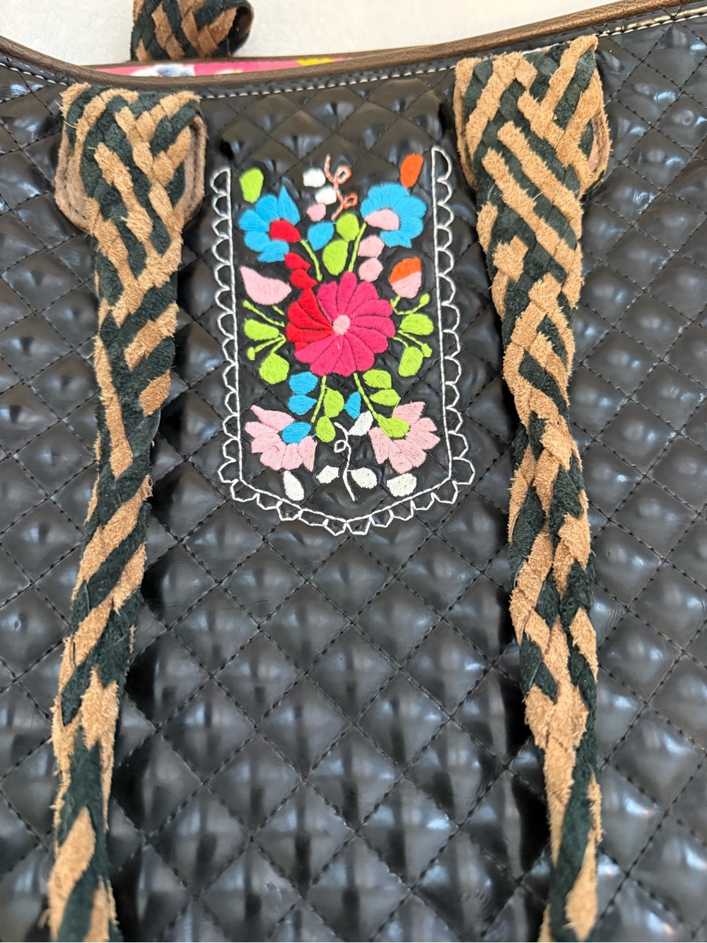 Consuela Vintage Black Tote with Bright Floral interior & sides, inside pocket - Picture 2 of 12